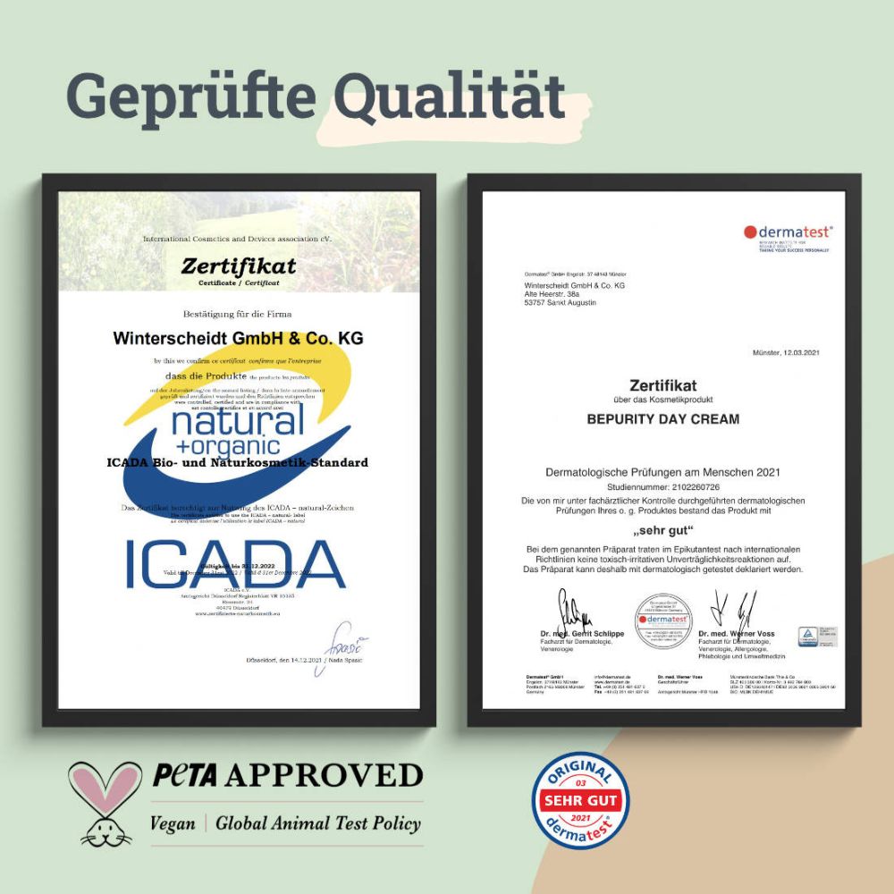 BEPURITY Zertifikate ICADA, dermatest, PetaApproved