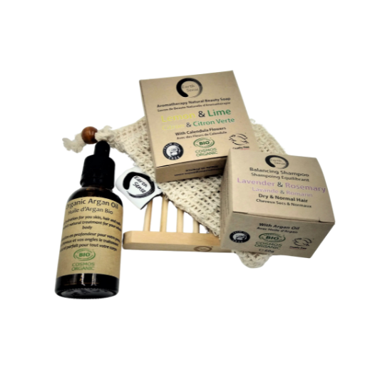 Earth Sense Geschenkset Frauen mit Arganöl, Shampoo und Seife - Inhalt