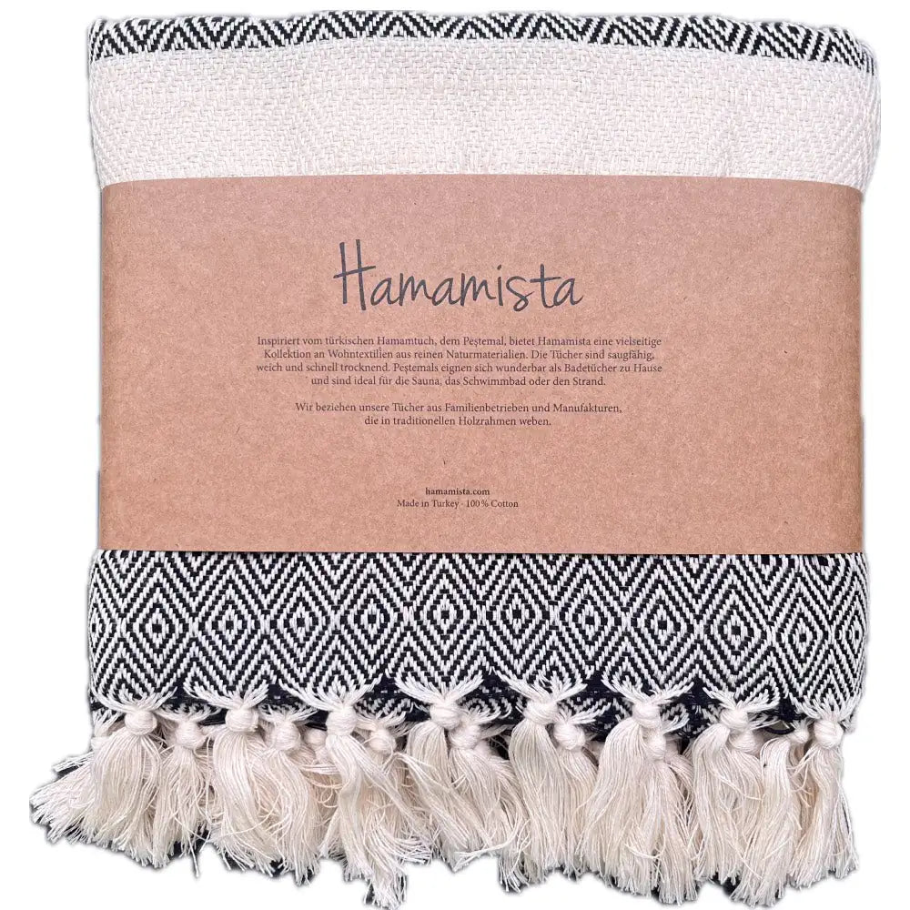 HAMAMISTA Hamamtuch CHARLOTTE schwarz handgewebtes Pestemal für Sauna & Strand 100% Baumwolle 100 x 170 cm