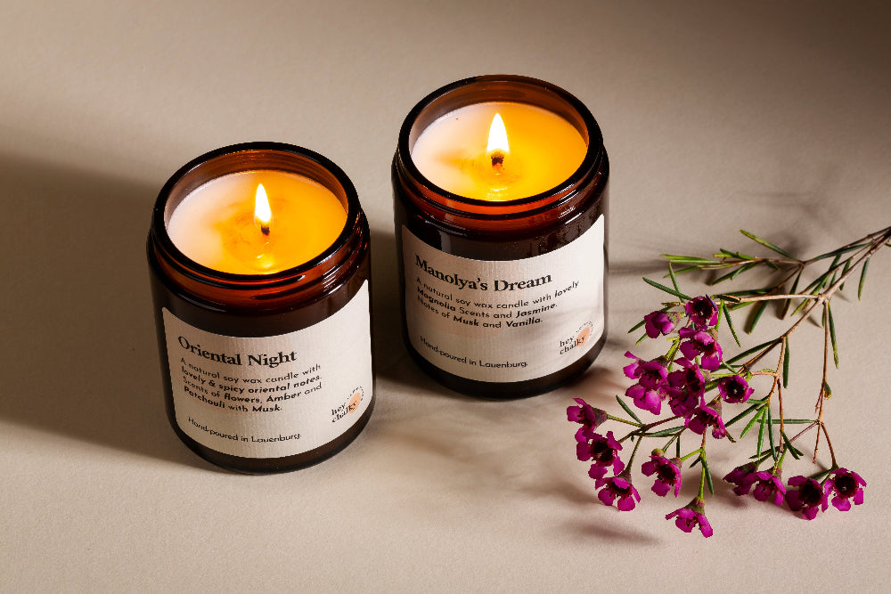HEY CHALKY Duftkerze im Glas Oriental Night und Manolya's Dream 155g - brennende Kerzen