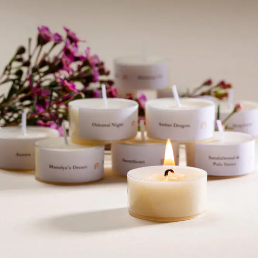 HEY CHALKY Teelichter, Oriental Night Duft, aus Hamburg, Teelichter und ein brennendes Teelicht