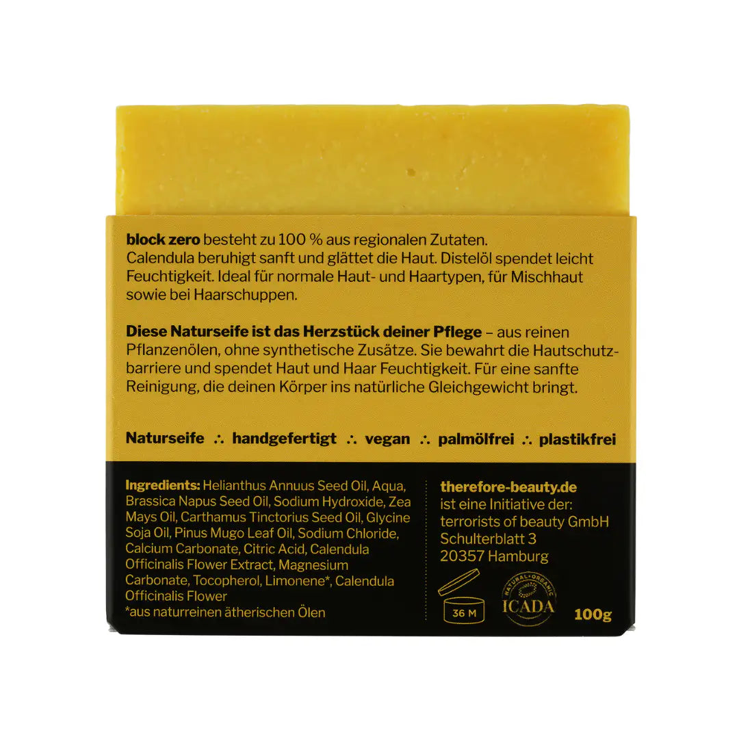 THEREFORE BEAUTY Block Zero ausgleichende Pflegeseife natürliche 3-IN-1 Seife für Gesicht, Körper & Haare 1 Stück