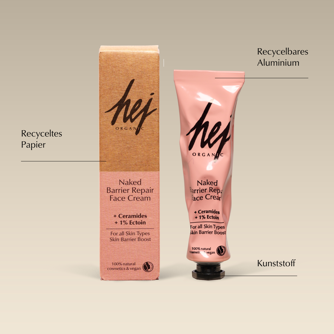 Recycling-Hinweis zur Naked Barrier Repair Face Cream: Tube samt Deckel in den Plastikmüll, Faltschachtel ins Altpapier