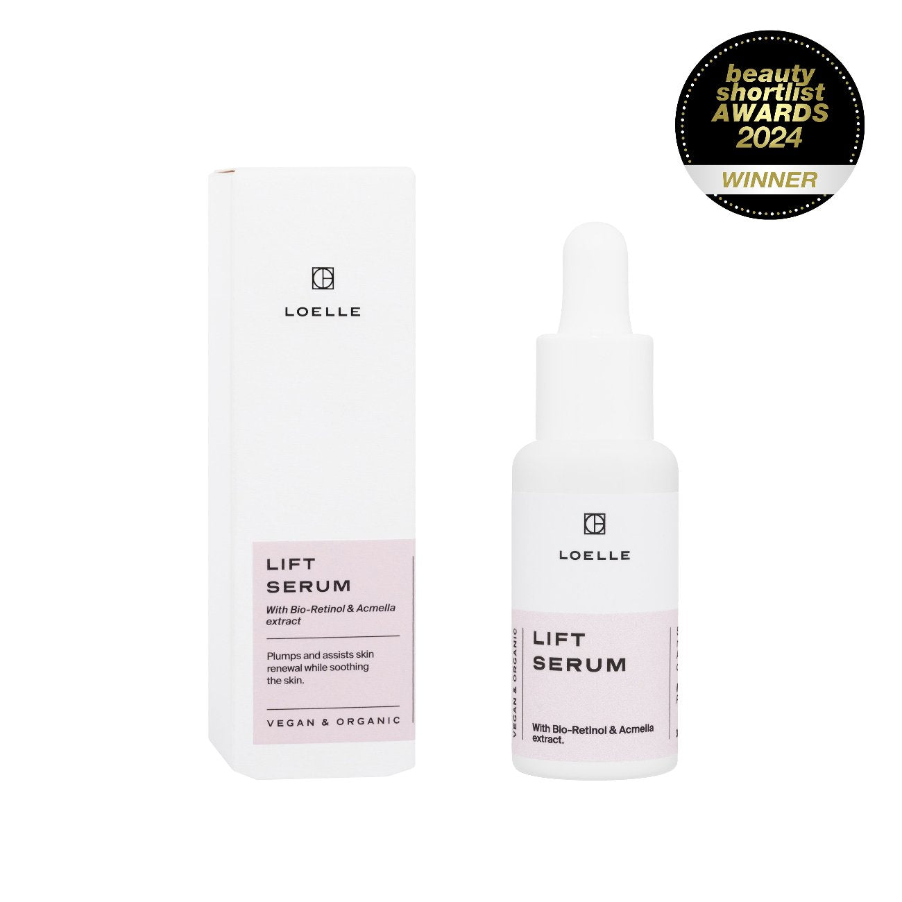 LOELLE ORGANICS Gesichtspflege Lift Serum mit Bakuchiol gegen Falten 30ml -  Glaslasche, Kartonage, Award Logo