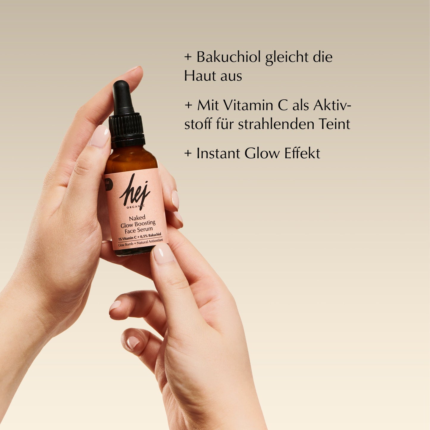 Naked Glow Boosting Face Serum von HEJ ORGANIC, Produktmerkmale als Text neben der Flasche