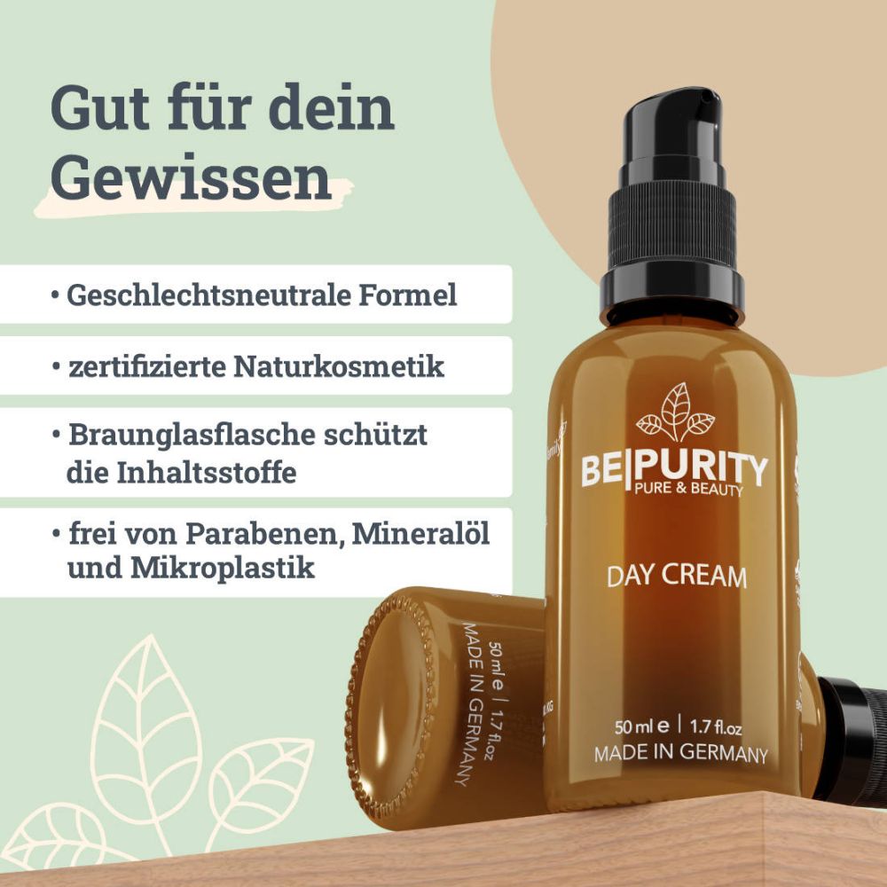 BEPURTY BILD MIT FLASCHE UND TEXT: Gut für dein Gewissen, Geschlechtsneutrale Formel, Zertifizierte Naturkosmetik, Braunglasflasche schützt die Inhaltsstoffe, frei von Parabenen, Mineralöl und Mikroplastik