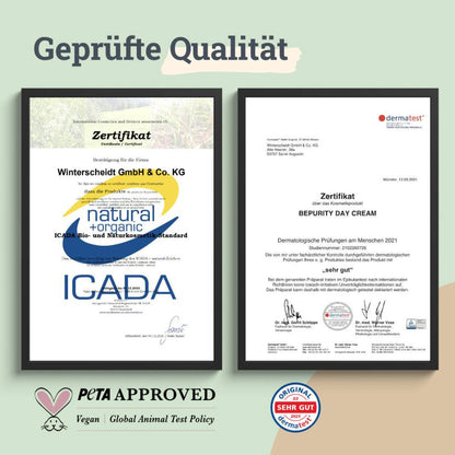 BEPURITY Zertifikate ICADA, dermatest, PetaApproved