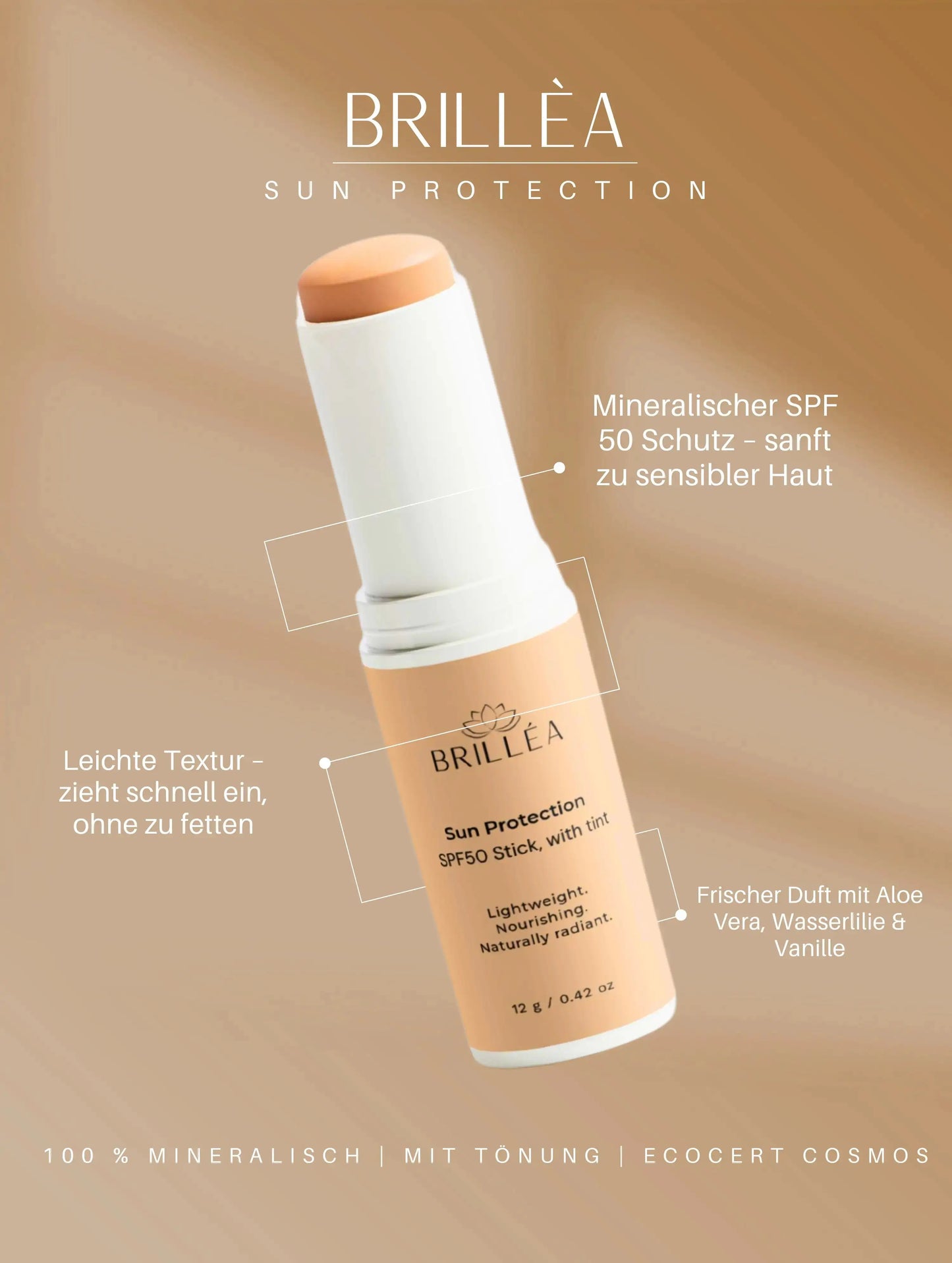 BRILLÉA Sonnenschutz Stick mit Tönung SPF 50 & natürlicher Pflege 12 g