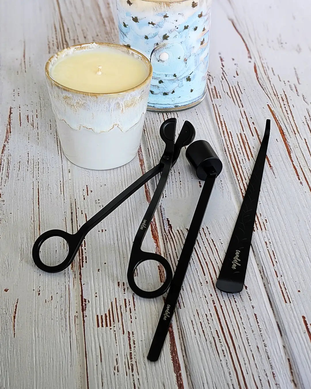 CANDELAE Kerzenpflege-Set schwarz Dochtschere, Kerzenlöscher, Dochtheber für Duftkerzen