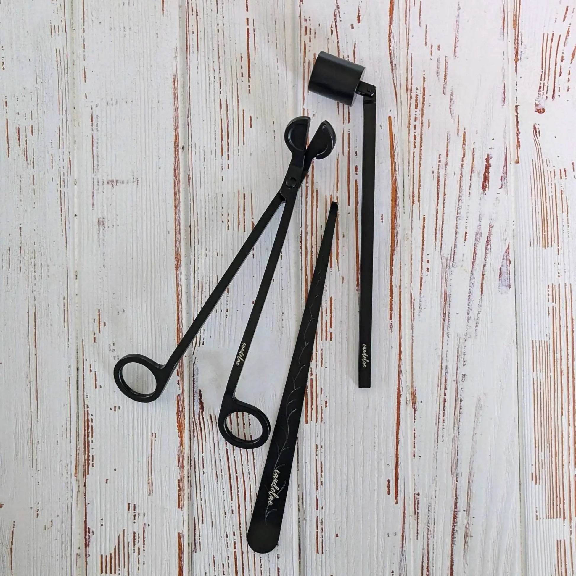 CANDELAE Kerzenpflege-Set schwarz Dochtschere, Kerzenlöscher, Dochtheber für Duftkerzen