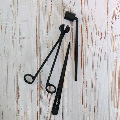 CANDELAE Kerzenpflege-Set schwarz Dochtschere, Kerzenlöscher, Dochtheber für Duftkerzen