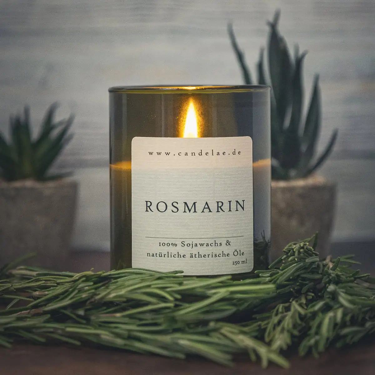 CANDELAE ROSMARIN natürliche Sojawachs Duftkerze im Weinflaschenglas 250 ml