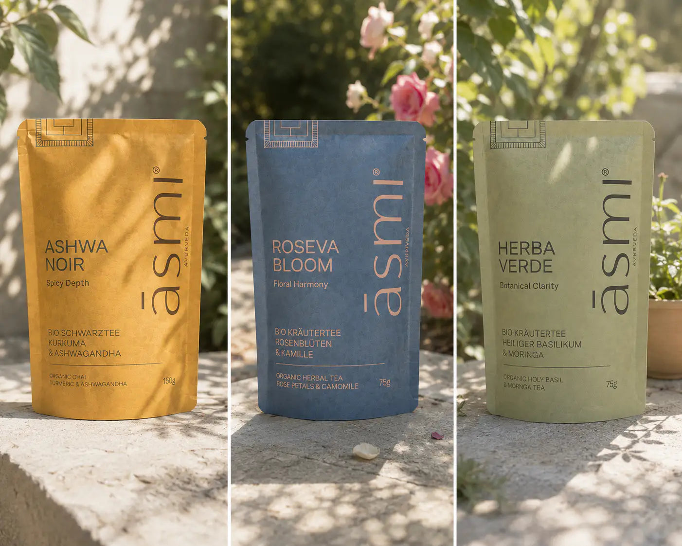 ASMI AYURVEDA Teeset Öko Paper Bag - Ashwa Noir, Roseva Bloom & Herba Verde 300g