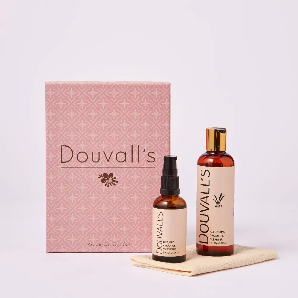 DOUVALL'S BEAUTY Arganöl Gesichtspflege Set - Arganöl 50ml, Arganöl Gesichtsreiniger 150ml, 
Musselin-Tuch