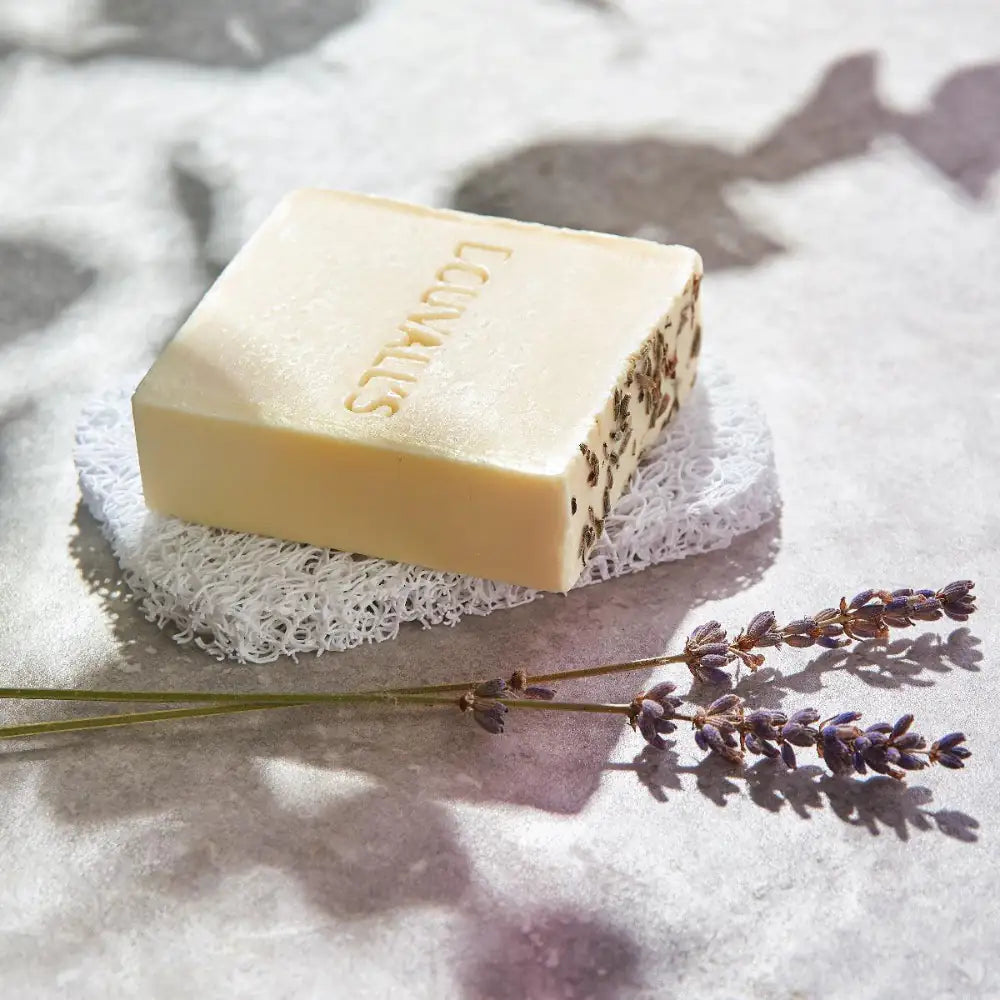 DOUVALL'S BEAUTY NATURSEIFE OLIVENÖL, ARGANÖL & LAVENDEL  100g - Seife auf Seifenablage und mit Lavendelstrauch