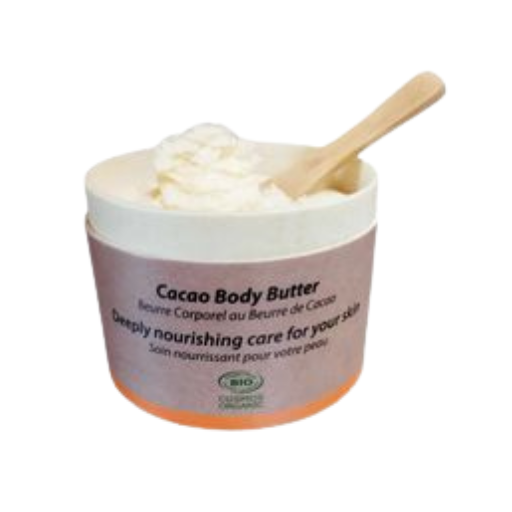 EARTH SENSE ORGANIC KAKAOBUTTER 200ml - offene Dose mit Holzlöffel in Bodybutter