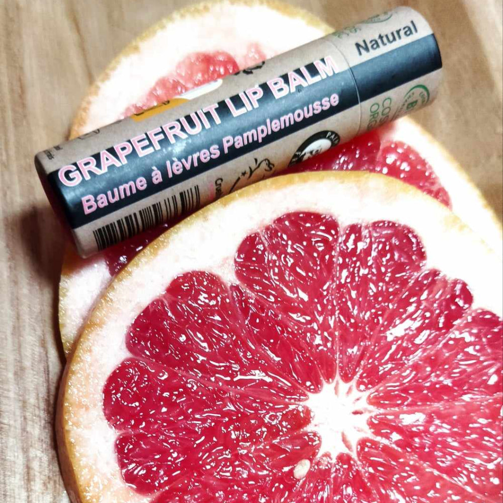 EARTH SENSE ORGANICS LIPPENBALSAM GRAPEFRUIT 15ml - Lippenbalsam neben frischen Grapfruit Scheiben