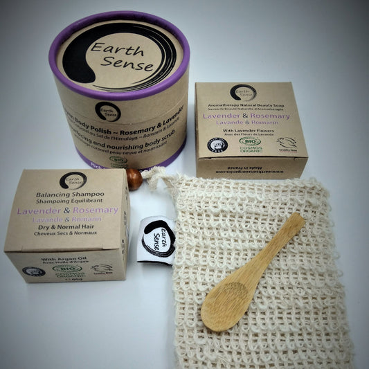EARTH SENSE ORGANICS Wellness Geschenkset mit Peeling, Seifen & Seifensäckchen - Set
