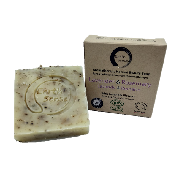 EARTH SENSE ORGANICS Wellness Geschenkset mit Peeling, Seifen & Seifensäckchen - Seife Lavendel-Rosmarin