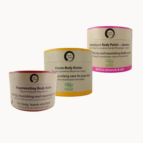 EARTH SENSE ORGANICS Wellness Geschenkset Balsam Bodybutter Körperpeeling 3x 100 ml