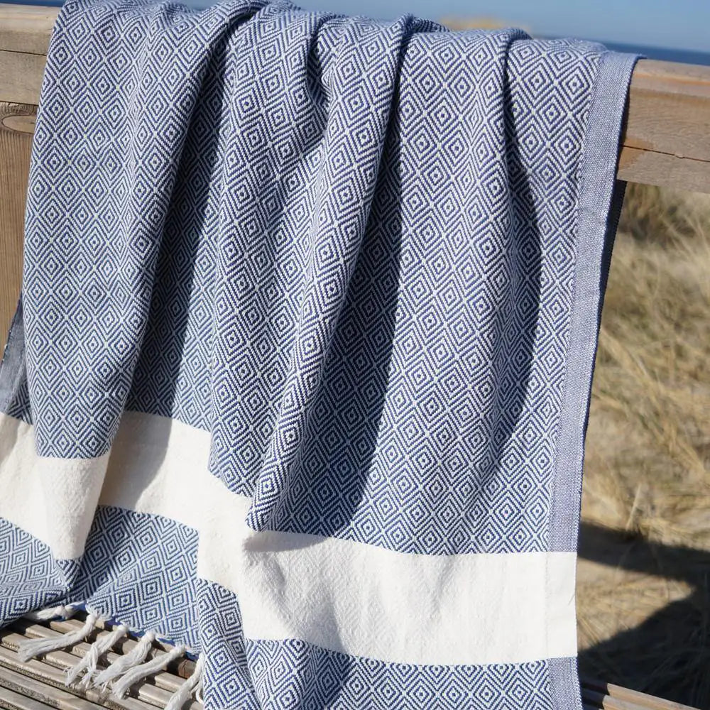 HAMAMISTA Hamamtuch CHARLOTTE dunkelblau handgewebtes Sauna- & Strandtuch 100% Baumwolle 100 x 170 cm