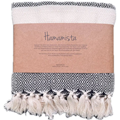 HAMAMISTA Hamamtuch CHARLOTTE schwarz handgewebtes Pestemal für Sauna & Strand 100% Baumwolle 100 x 170 cm