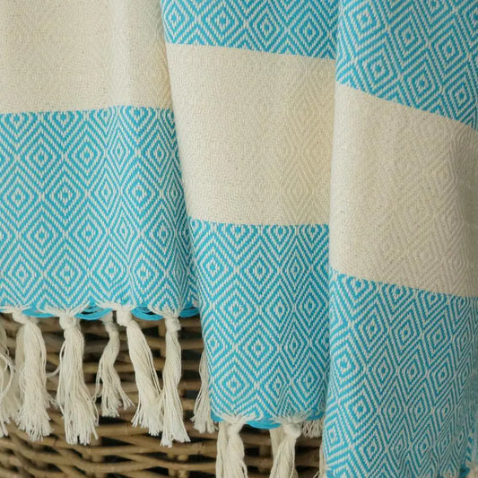 HAMAMISTA Hamamtuch CHARLOTTE türkis handgewebtes Strand- & Saunatuch 100% Baumwolle  100 x 170 cm