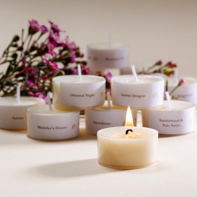 HEY CHALKY Teelichter, Oriental Night Duft, aus Hamburg, Teelichter und ein brennendes Teelicht