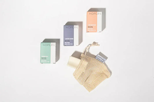 HOPERY Ultimate Shower Kit mit Bio-Arganöl & Kokostensid 3x Festes Duschgel + Seifensäckchen
