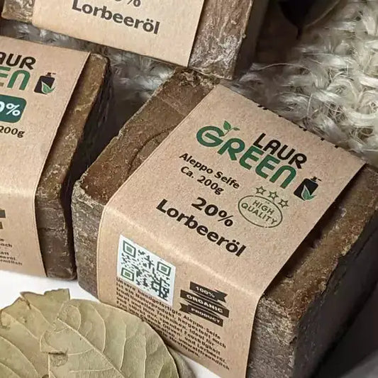 LAURGREEN Orginal Aleppe Seife 20% Lorbeeröl ca. 200g - 3 Seifen mit Banderolen und Lorbeerblättern
