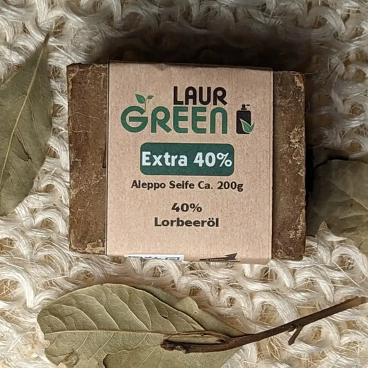 LAURGREEN Aleppo Seife 40% Lorbeer - Seife mit Banderole und Lorbeerblätter