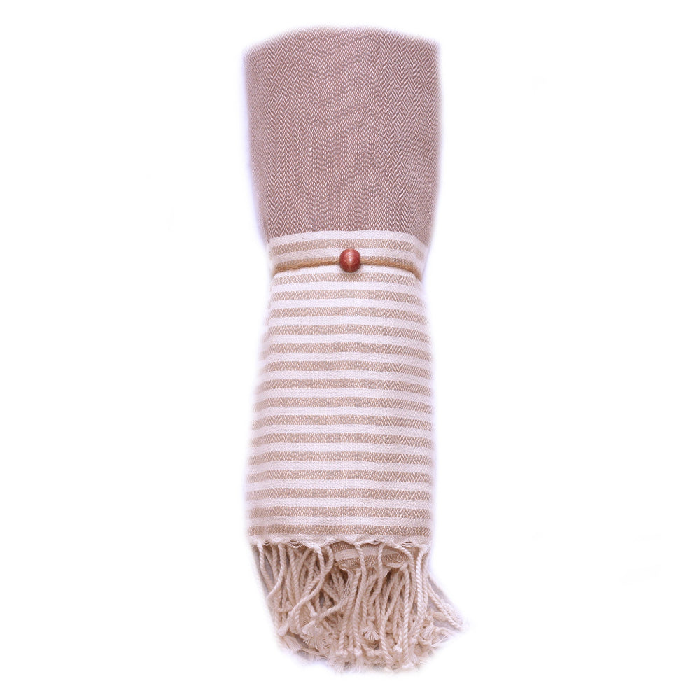 MADEATHAND Hamamtuch für Strand, Sauna und Dusche, bunt, gestreift, braun beige, gerollt