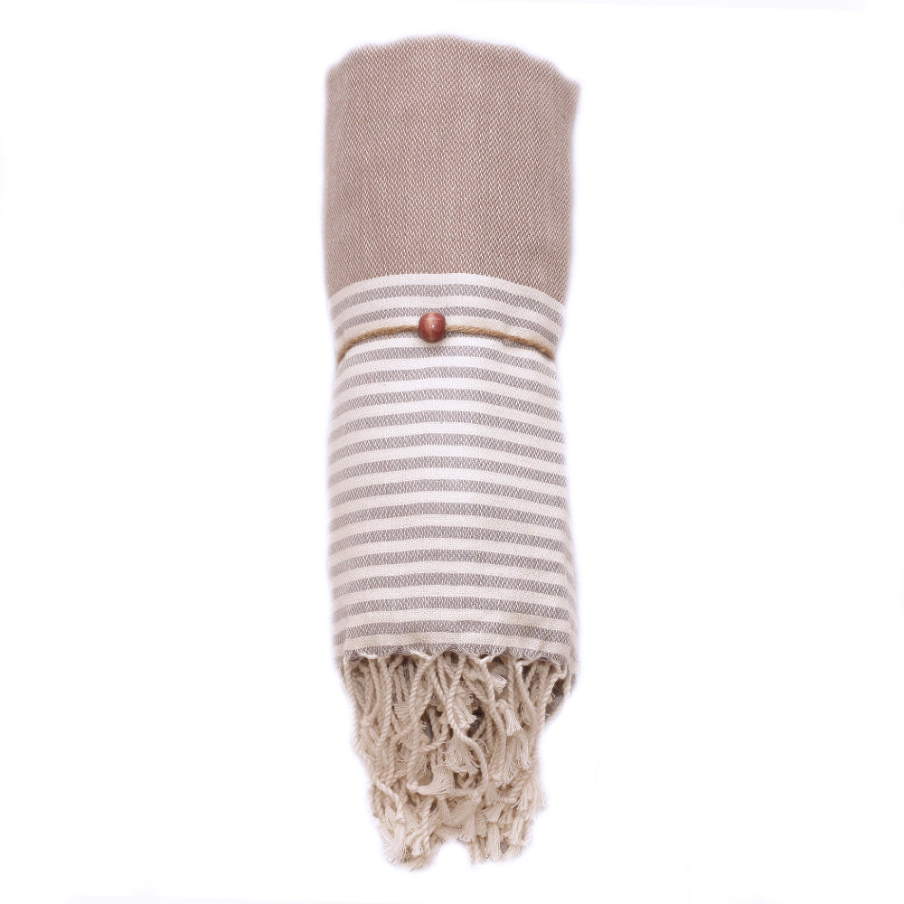 MADEATHAND Hamamtuch für Strand, Sauna und Dusche, bunt, gestreift, braun grau, gerollt