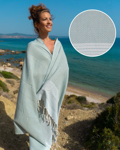 PHARAO Beach Towel, Turkish Hammam Towel, Spa & Sauna Towel - Mint / Light Blue-0