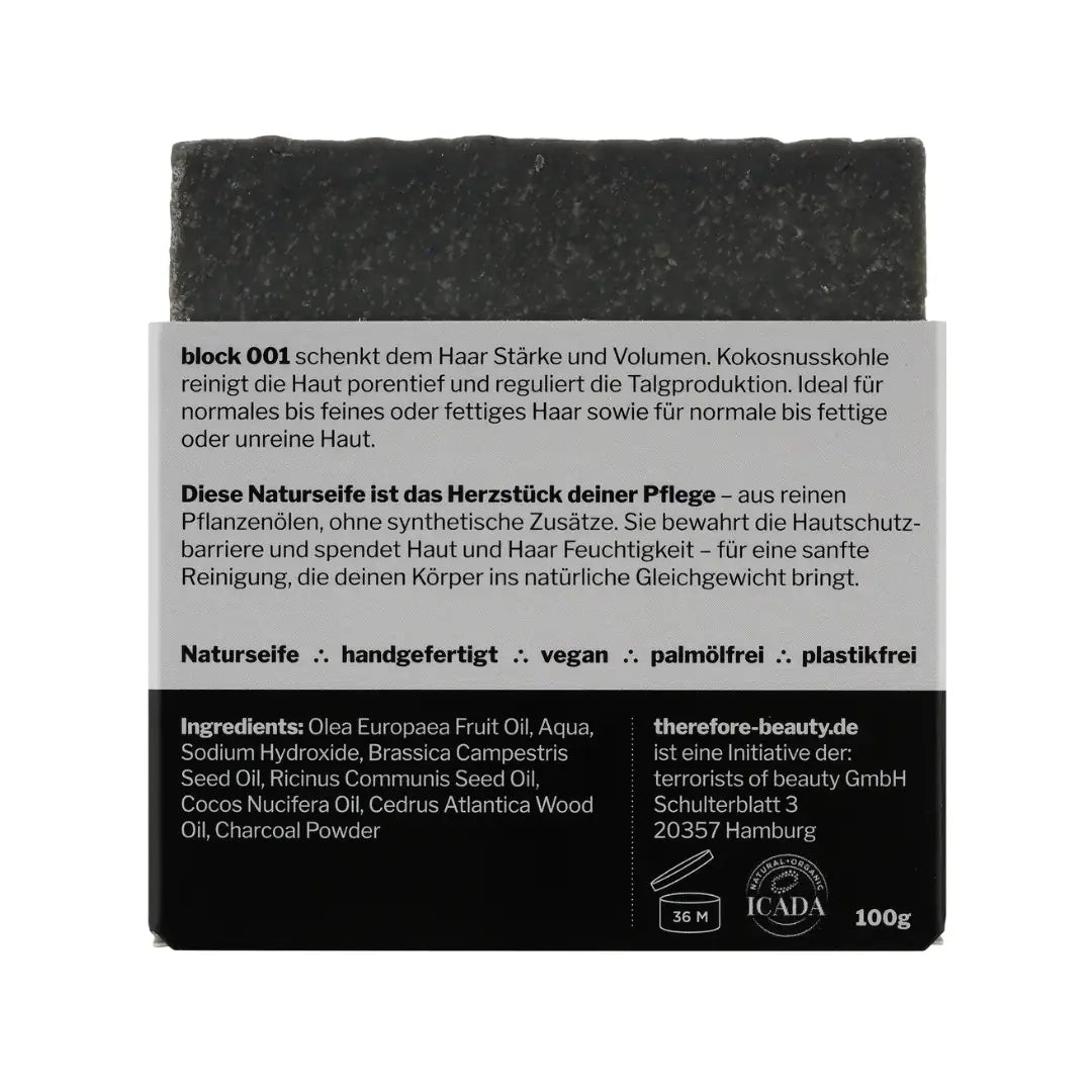 THEREFORE BEAUTY Block 001 klärende Pflegeseife zur Reinigung für Gesicht, Körper & Haare 1 Stück