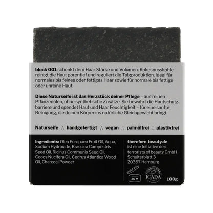 THEREFORE BEAUTY Block 001 klärende Pflegeseife zur Reinigung für Gesicht, Körper & Haare 1 Stück