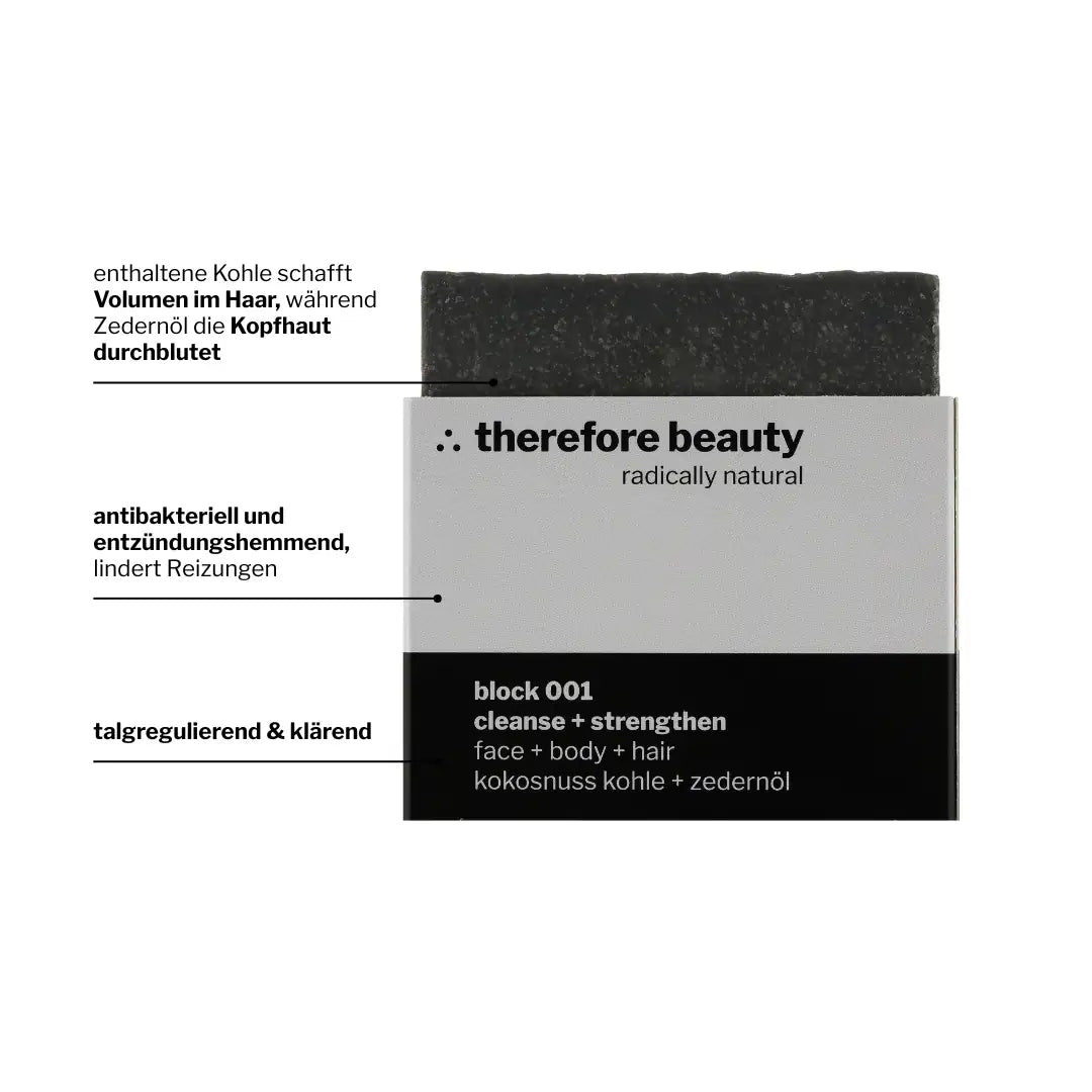 THEREFORE BEAUTY Block 001 klärende Pflegeseife zur Reinigung für Gesicht, Körper & Haare 1 Stück