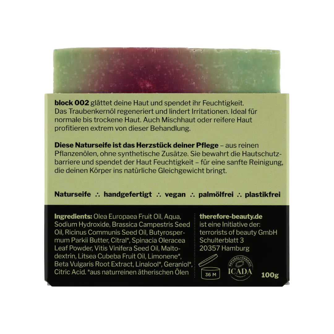 THEREFORE BEAUTY Block 002 nährende Pflegeseife mit Traubenkernöl für reife Haut 1 Stück