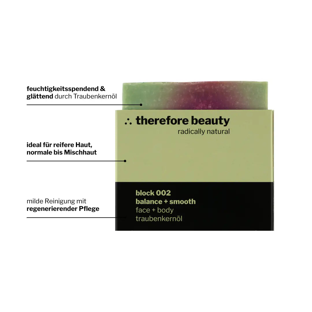 THEREFORE BEAUTY Block 002 nährende Pflegeseife mit Traubenkernöl für reife Haut 1 Stück