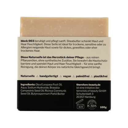 THEREFORE BEAUTY Block 003 schützende Pflegeseife mit Sheabutter 3-IN-1 für Gesicht, Körper & Haare 100 g