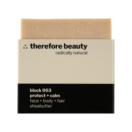 THEREFORE BEAUTY Block 003 schützende Pflegeseife mit Sheabutter 3-IN-1 für Gesicht, Körper & Haare 100 g