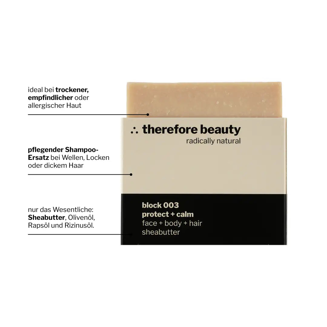 THEREFORE BEAUTY Block 003 schützende Pflegeseife mit Sheabutter 3-IN-1 für Gesicht, Körper & Haare 100 g