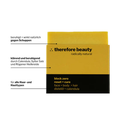 THEREFORE BEAUTY Block Zero ausgleichende Pflegeseife natürliche 3-IN-1 Seife für Gesicht, Körper & Haare 1 Stück