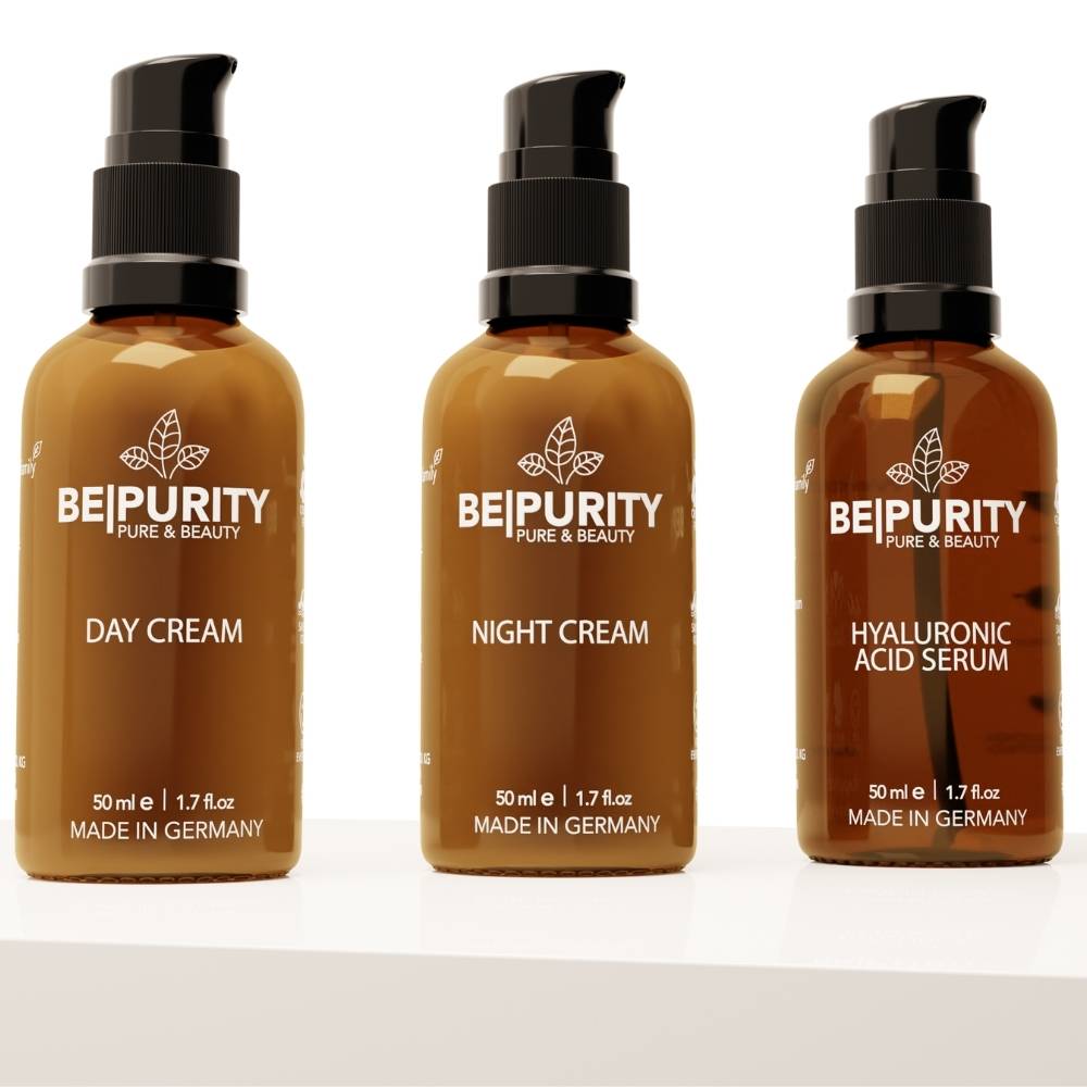 BEPURITY Feuchtigkeitstrio Set mit Tagescreme 50ml, Nachtcreme 50ml & Hyaluron Serum 50ml - drei Spenderflaschen