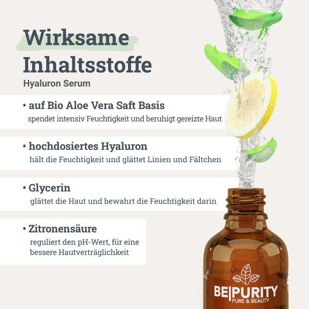 BEPURITY Hyaluron Serum 50ml: Wirkstoffe Aloe Vera, Hyluron, Glycerin, Zitronensäure