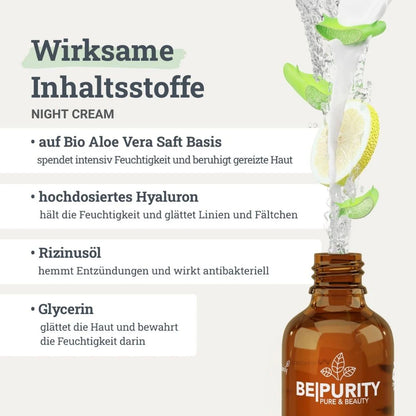 BEPURITY Nachtcreme 50ml: Wirkstoffe Aloe Vera, Hyaluron, Rizinusöl, Glycerin