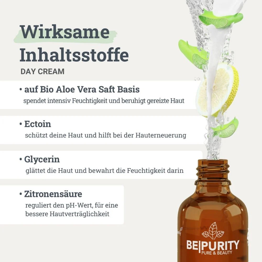 BEPURITY Tagescreme 50ml: Wirkstoffe Aloe Vera, Ectoin, Glycerin, Zitronensäure
