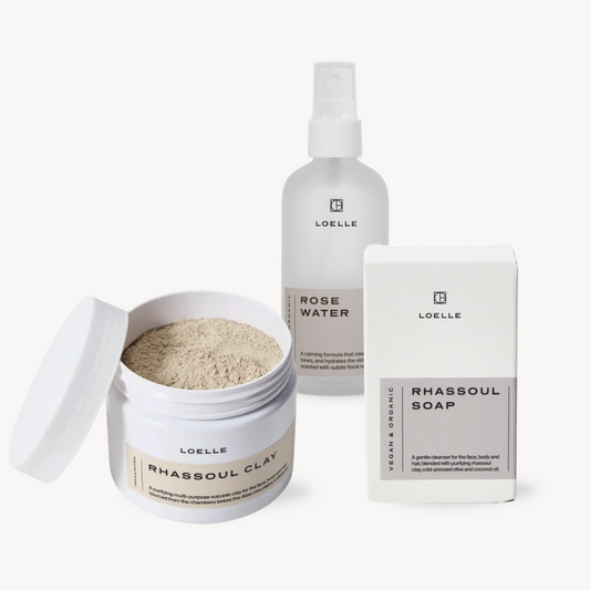 LOELLE Rhassoul Set mit Seife, Tonerde & Rosenwasser