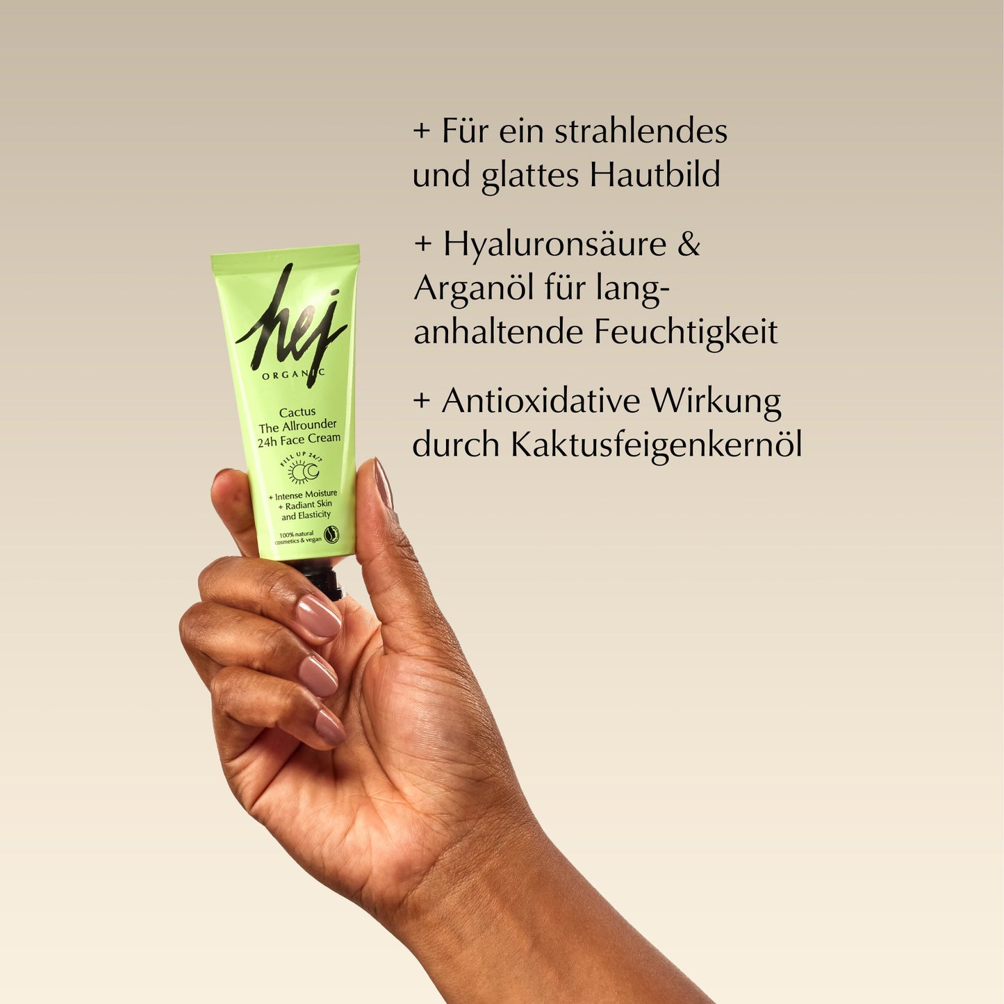 Cactus The Allrounder 24h Face Cream von HEJ ORGANIC, Produktmerkmale als Text neben der Tube