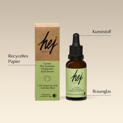Recycling-Hinweis zum Cactus Hydrator Serum: Braunglas, Pipette in den Plastikmüll, Faltschachtel ins Altpapier